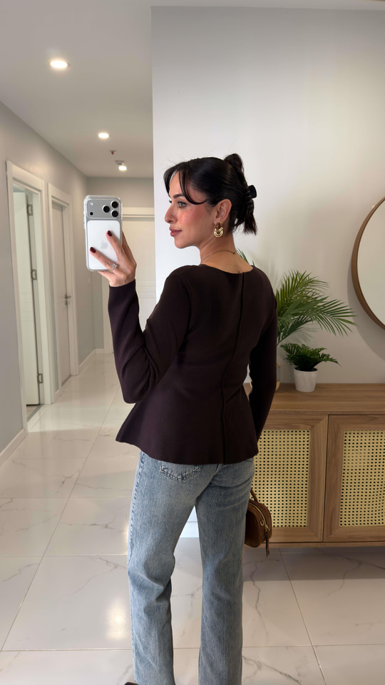 Dilvin Cersa Koyu Kahve Bisiklet Yaka Peplum Triko
