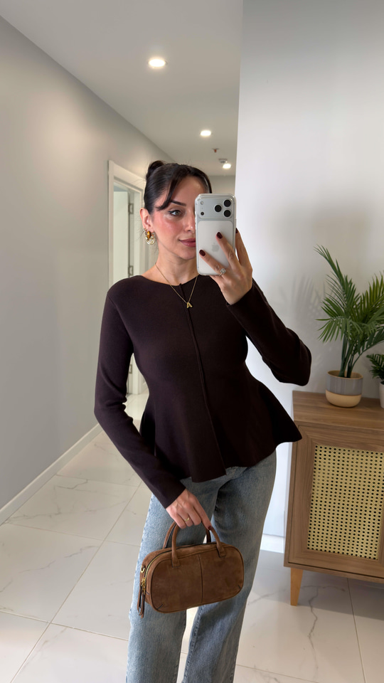 Dilvin Cersa Koyu Kahve Bisiklet Yaka Peplum Triko