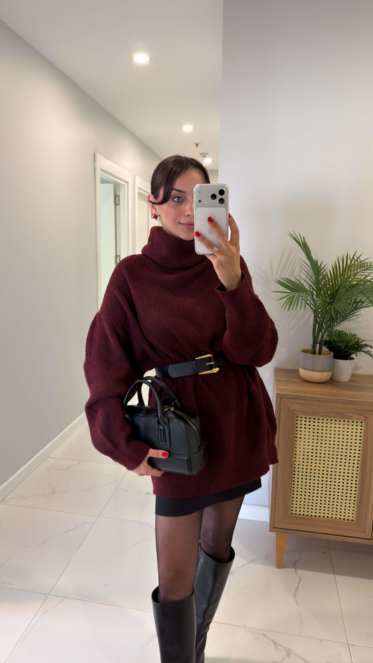 Dilvin Jula Bordo Balıkçı Yaka Oversıze Triko