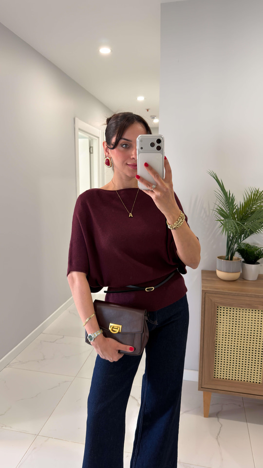 Dilvin Mutra Bordo Melanj Kayık Yaka Yarasa Kol Kemerli Triko