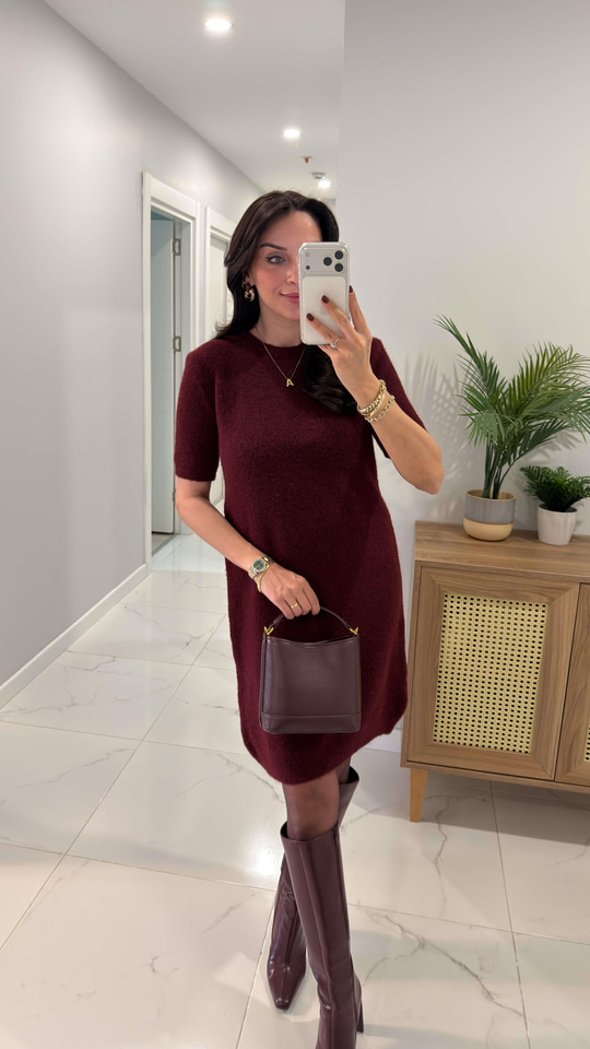 Dilvin Nusa Orta Bordo Kısa Kol Yumuşak Dokulu Elbise