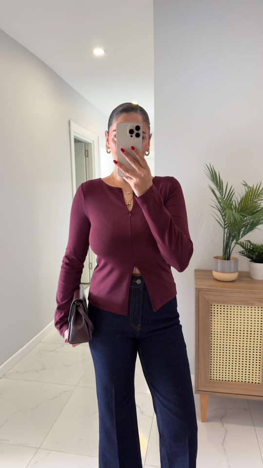 Dilvin Siana Bordo Fermuar Detaylı Bluz