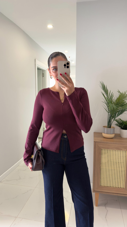 Dilvin Siana Bordo Fermuar Detaylı Bluz