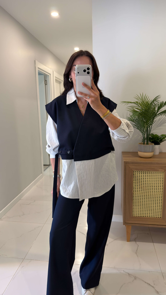Dina Lacivert Beyaz Yelekli Gömlek Pantolon Takım