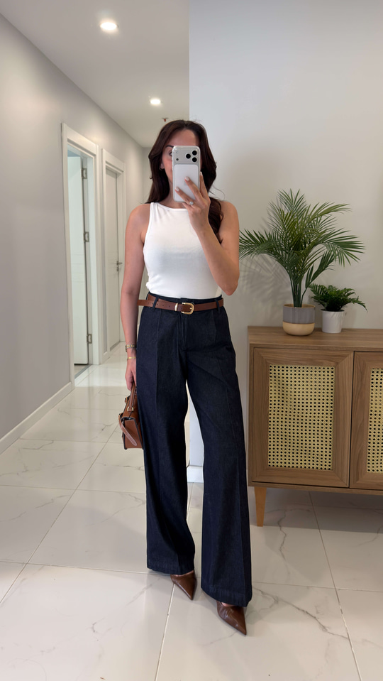 Dinas Dark Blue Wıde Leg Pantolon