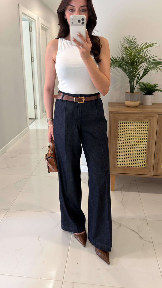 Dinas Dark Blue Wıde Leg Pantolon