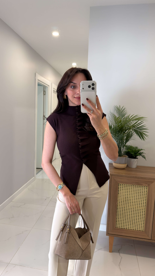 Dionla Kahve Kendinden Büzgülü Kolsuz Hırka