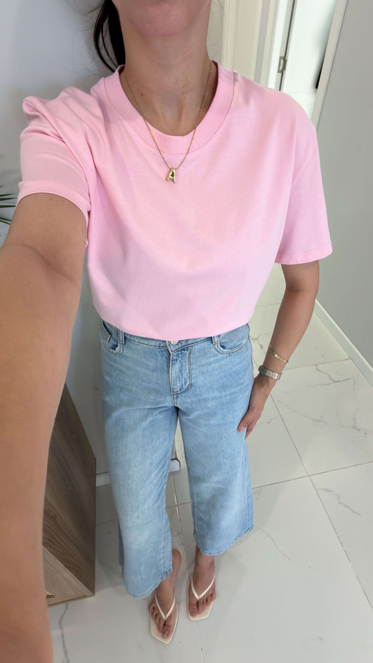 Dlvin Giola Toz Pembe Dekoratif Dikişli Bisiklet Yaka Tişört