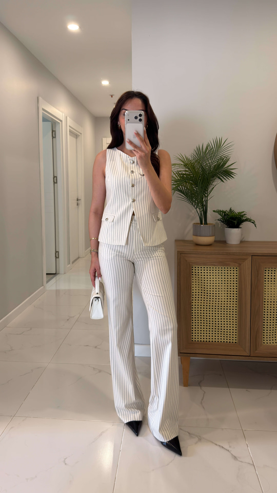Dlvin Golf Ekru Metal Düğme Detaylı Çizgili Yelek Pantolon Takım