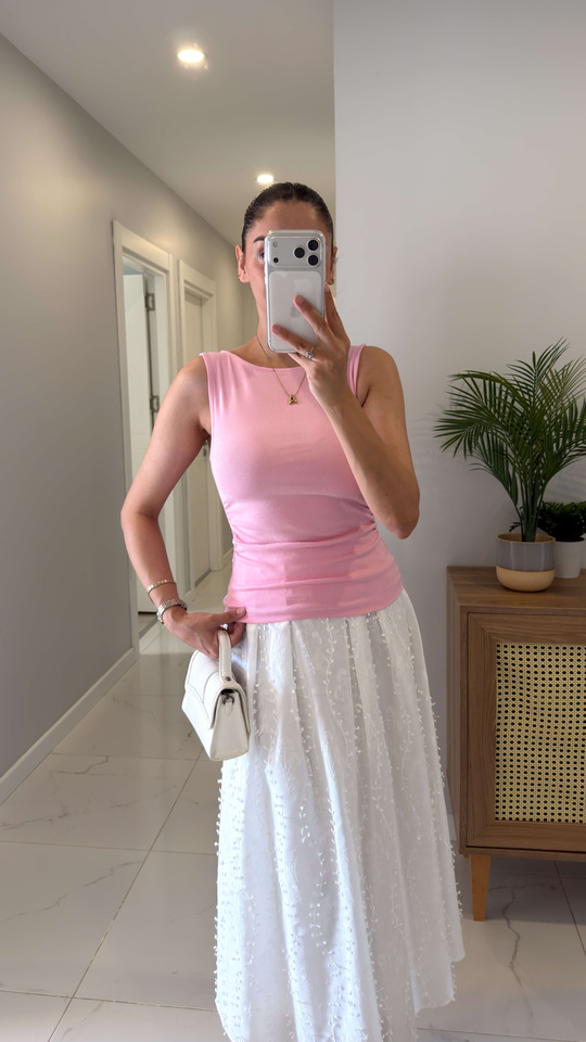 Dlvin Rinla Toz Pembe Büzgülü Kayık Yaka Bluz