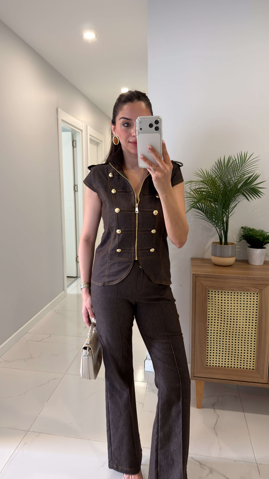 Dutte Kahve Gold Düğme Detaylı Yelek Pantolon Takım