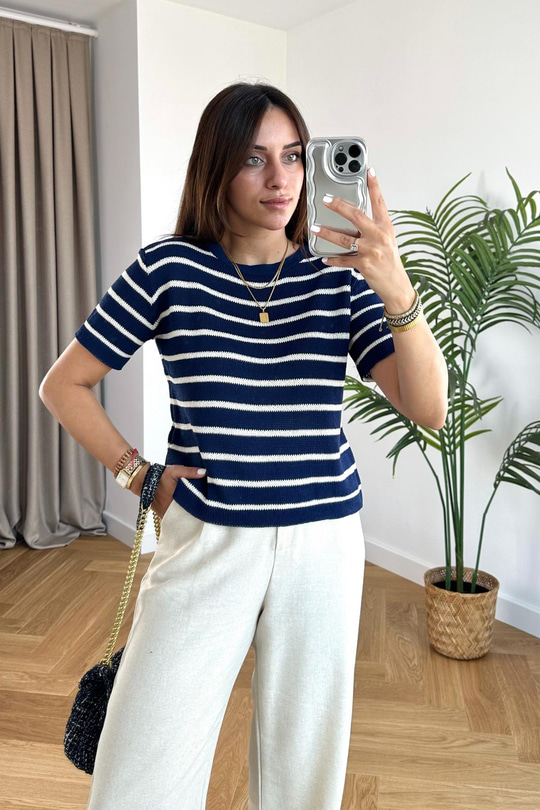Olow Lacivert Çizgili Kısa Kollu Triko Bluz