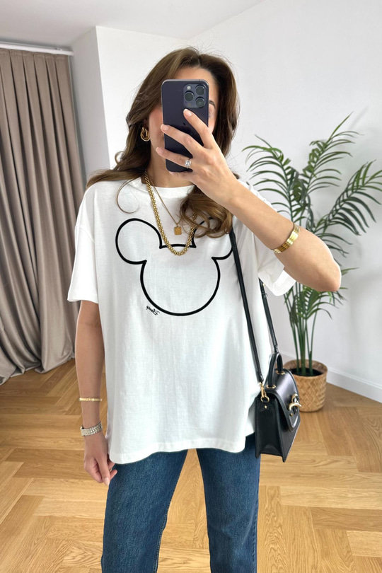Mickey Detaylı Kırık Beyaz Tişört