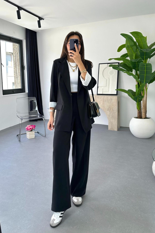 Dosy Siyah Blazer Ceket Palazzo Pantolon Takım