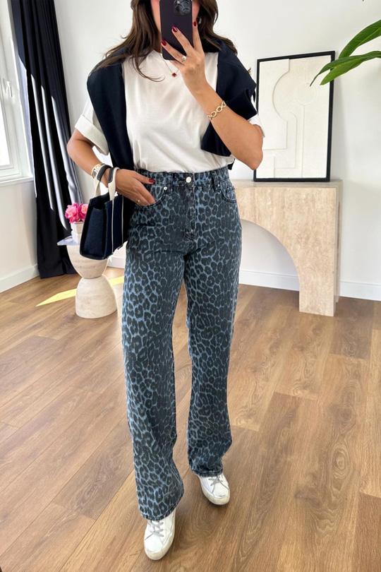 Zr Toxie Mavi Siyah Leopar Desenli Straight Jean