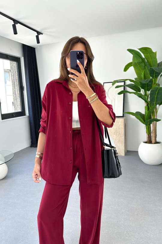 Regina Bordo Beli Lastikli Gömlek Pantolon Takım