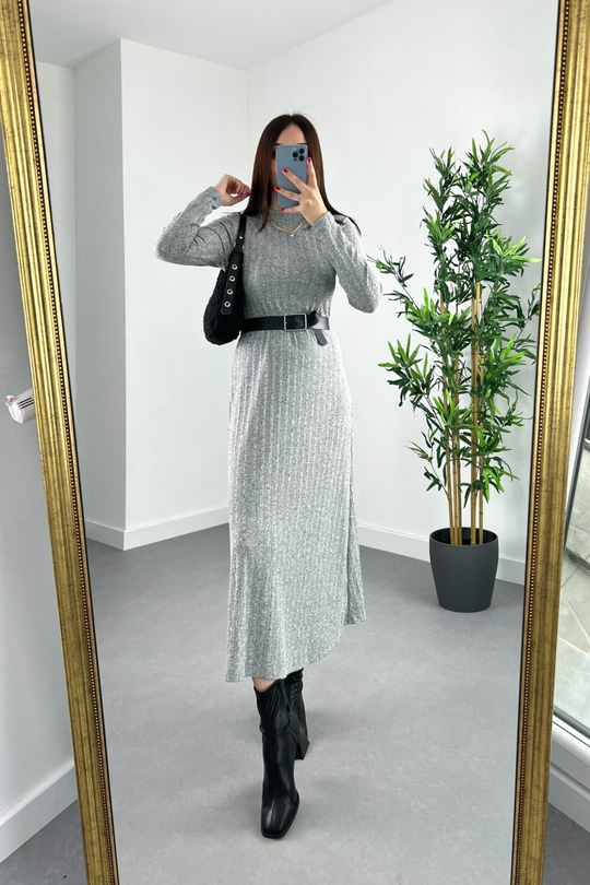 Dress Gri Dik Yaka Çan Elbise
