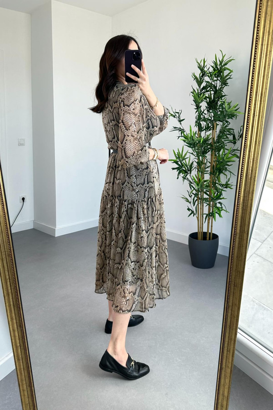 Leopar Desenli Astarlı Şifon Elbise