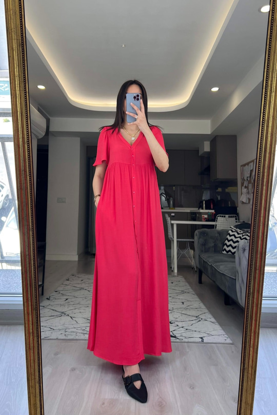 Mng Nar Çiçeği Düğmeli Elbise
