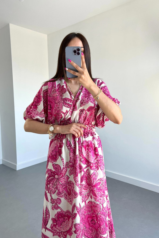 Pembe Kruvaze Yaka Keten Maxi Boy Elbise