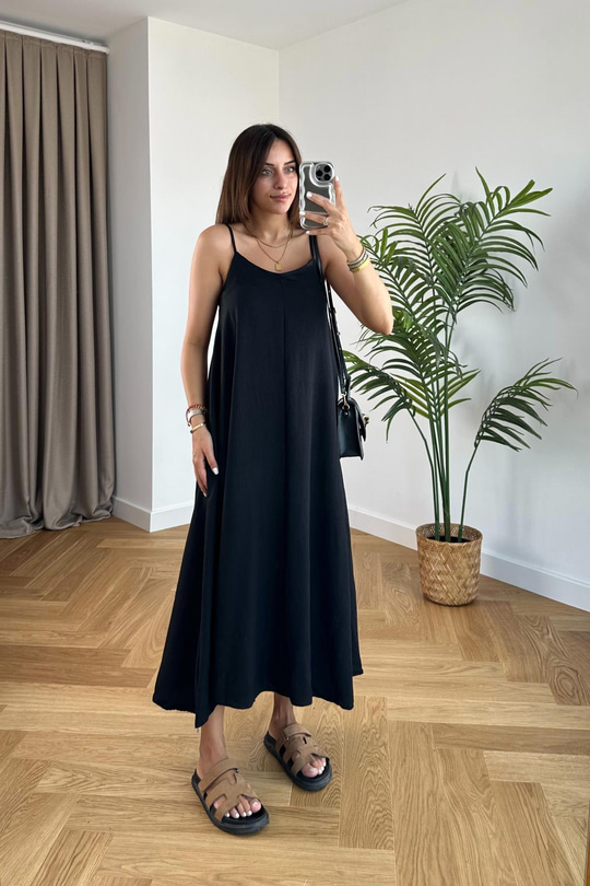 Vinidy Siyah İp Askılı Elbise