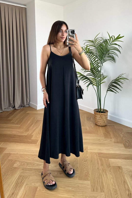 Vinidy Siyah İp Askılı Elbise