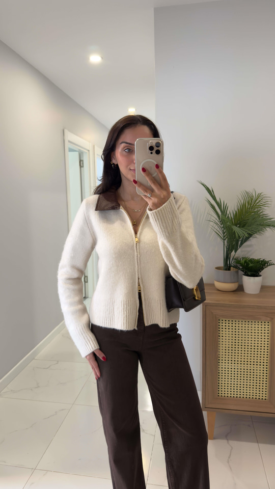 Elisya Taş Yakası Deri Detaylı Hırka