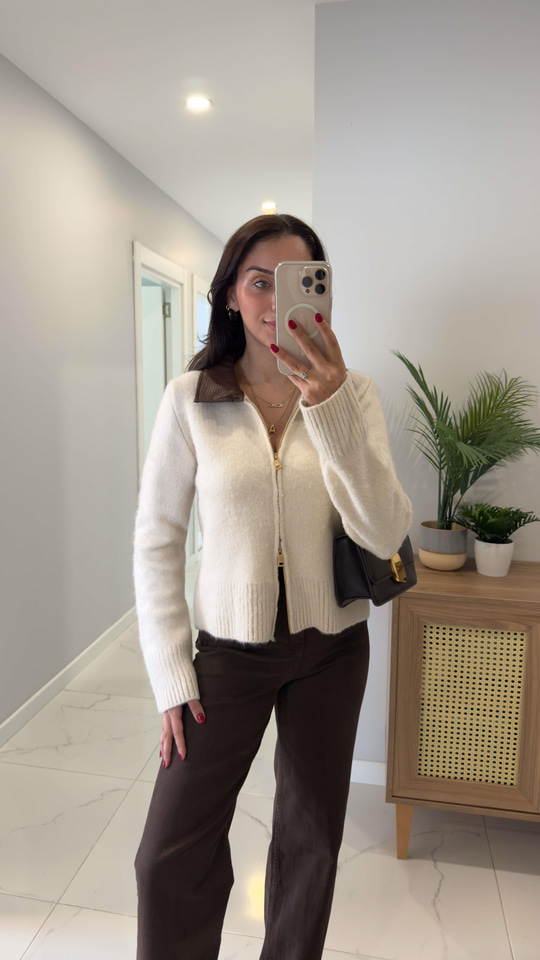 Elisya Taş Yakası Deri Detaylı Hırka