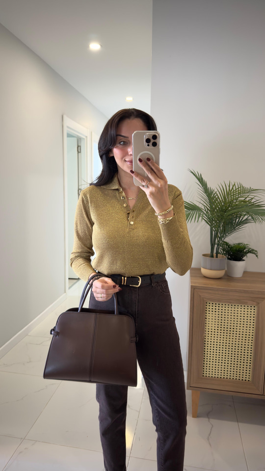 Elles Haki Gold Düğme Detaylı Simli Triko