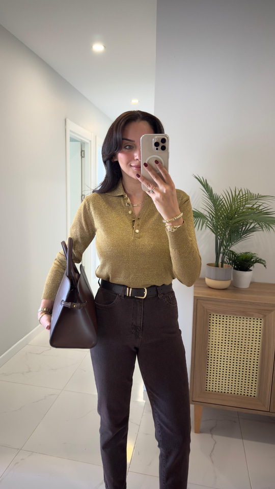 Elles Haki Gold Düğme Detaylı Simli Triko