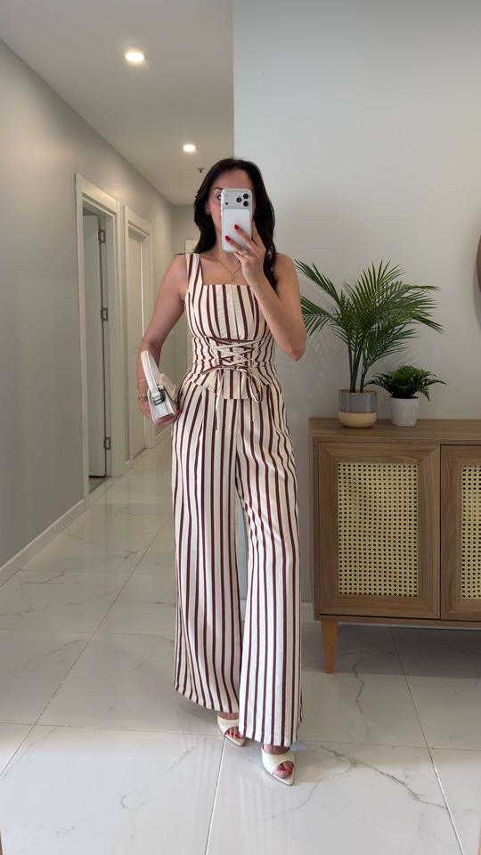 Ellosa Bordo Çizgili Korse Bluz Pantolon Takım