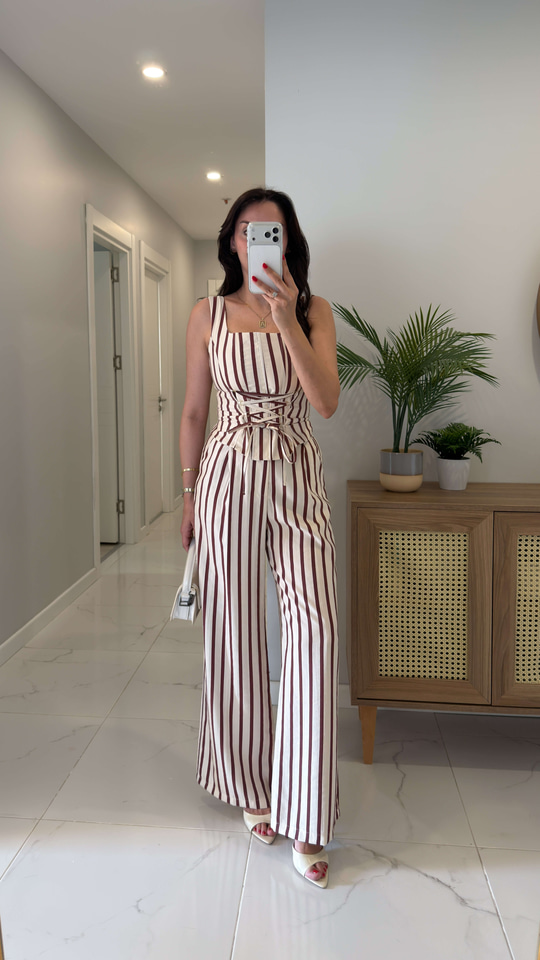 Ellosa Bordo Çizgili Korse Bluz Pantolon Takım