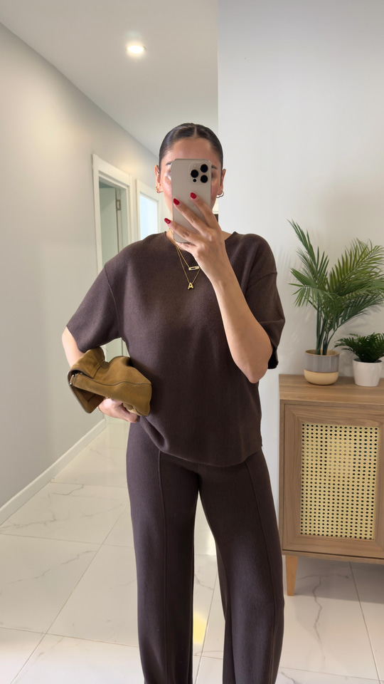 Emma Kahve Fitilli Basic Pantolon Takım