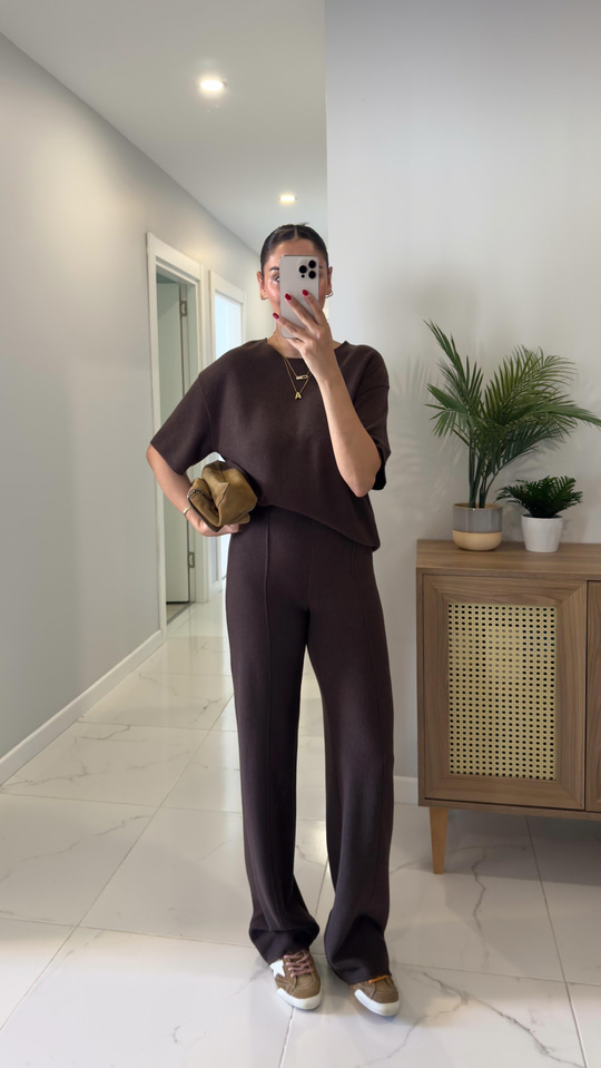 Emma Kahve Fitilli Basic Pantolon Takım