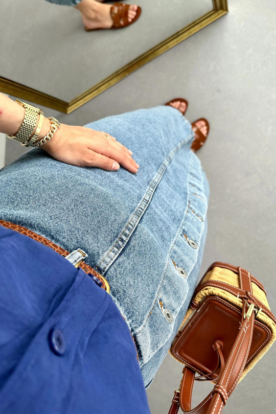 Lacivert Düğme Detaylı Denim Etek