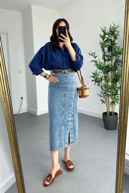 Lacivert Düğme Detaylı Denim Etek