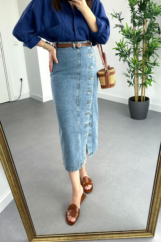Lacivert Düğme Detaylı Denim Etek