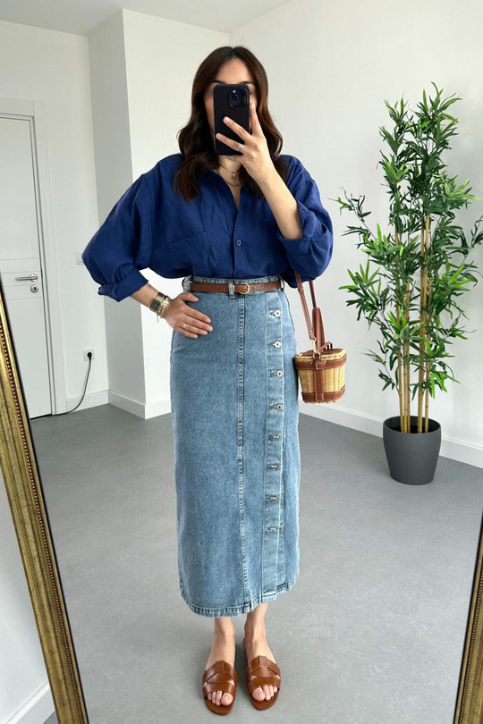Lacivert Düğme Detaylı Denim Etek