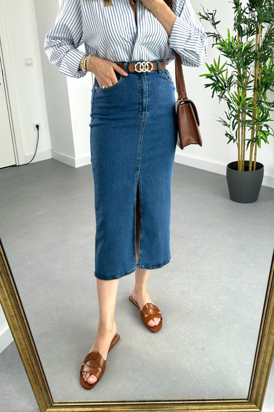 ZR Koyu Lacivert Yırtmaç Detaylı Denim Etek