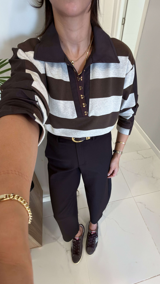Evas Kahve Şerit Detaylı Agraflı Polo Yaka Sweat