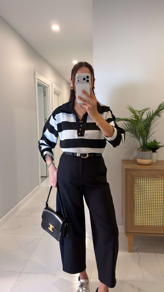 Evas Siyah Şerit Detaylı Agraflı Polo Yaka Sweat