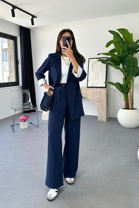 Dosy Lacivert Blazer Ceket Palazzo Pantolon Takım