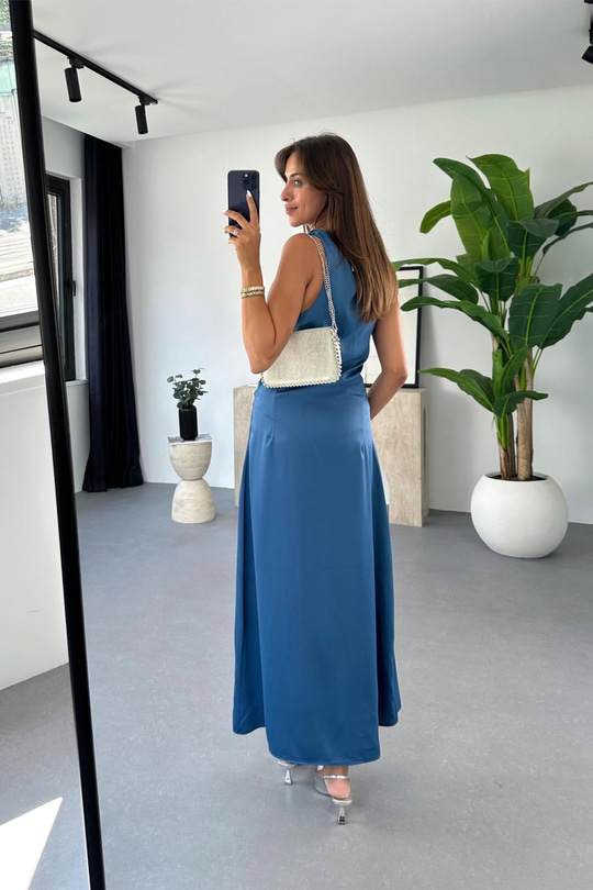 Blass Indigo Drapeli Saten Elbise