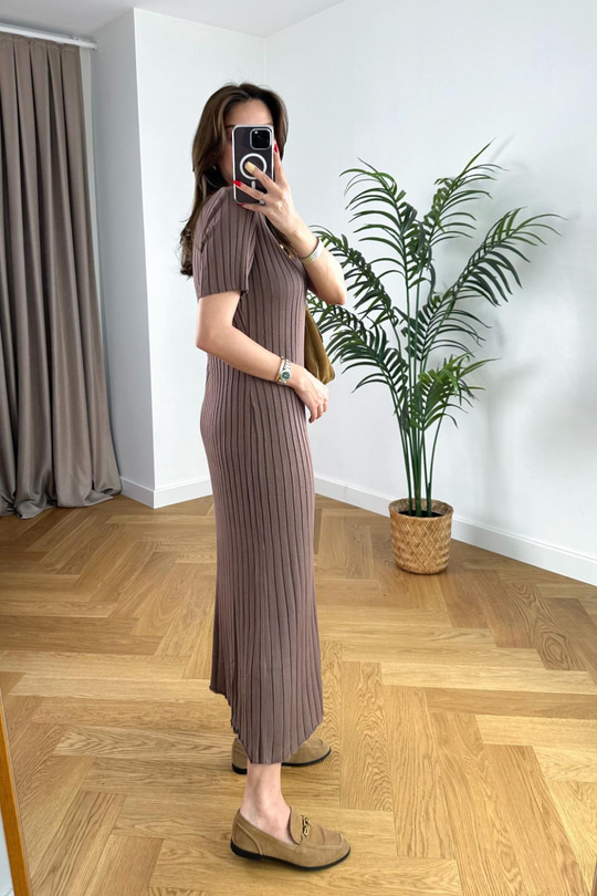 Cesy Kahve Yarım Kol Fitilli Elbise