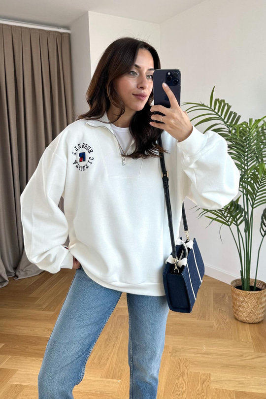 ZR RoseBall Beyaz Fermuar Detaylı Sweatshirt