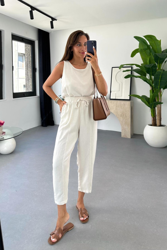 Tara Taş Beli Bağlamalı Bluz Pantolon Takım