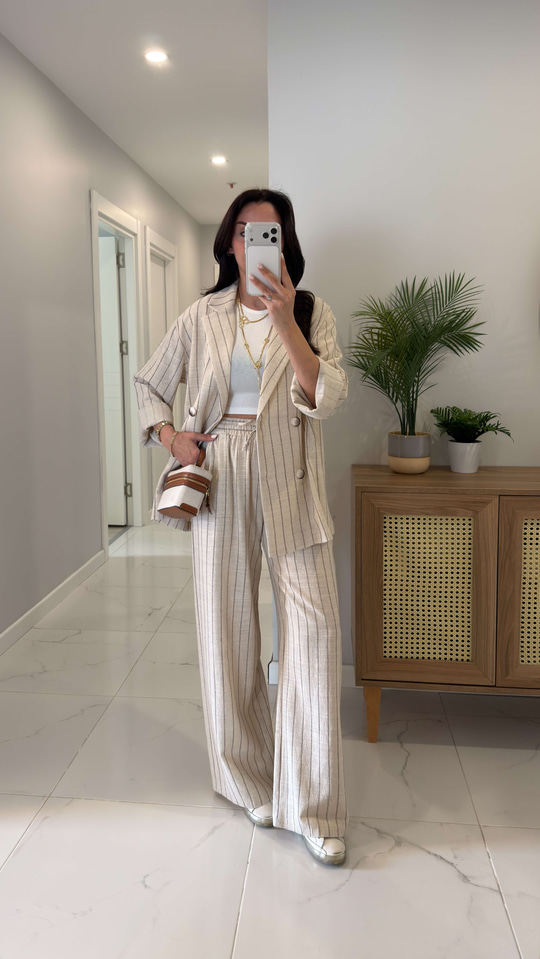 Fendos Krem Çizgili Ceket Pantolon Takım