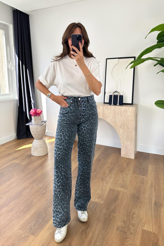 Zr Toxie Mavi Siyah Leopar Desenli Straight Jean
