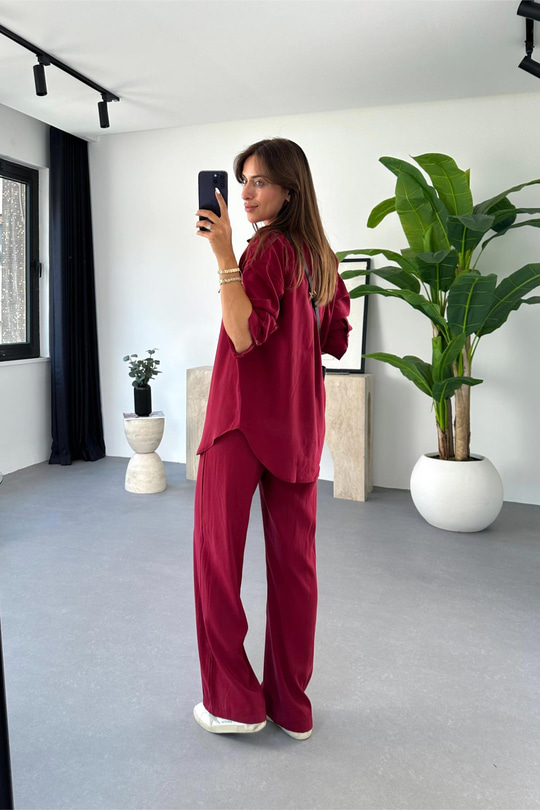 Regina Bordo Beli Lastikli Gömlek Pantolon Takım