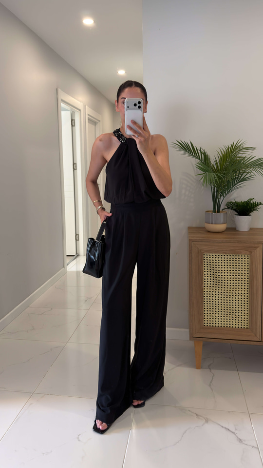 Fisla Siyah Çapraz Dekolte Taşlı Tulum